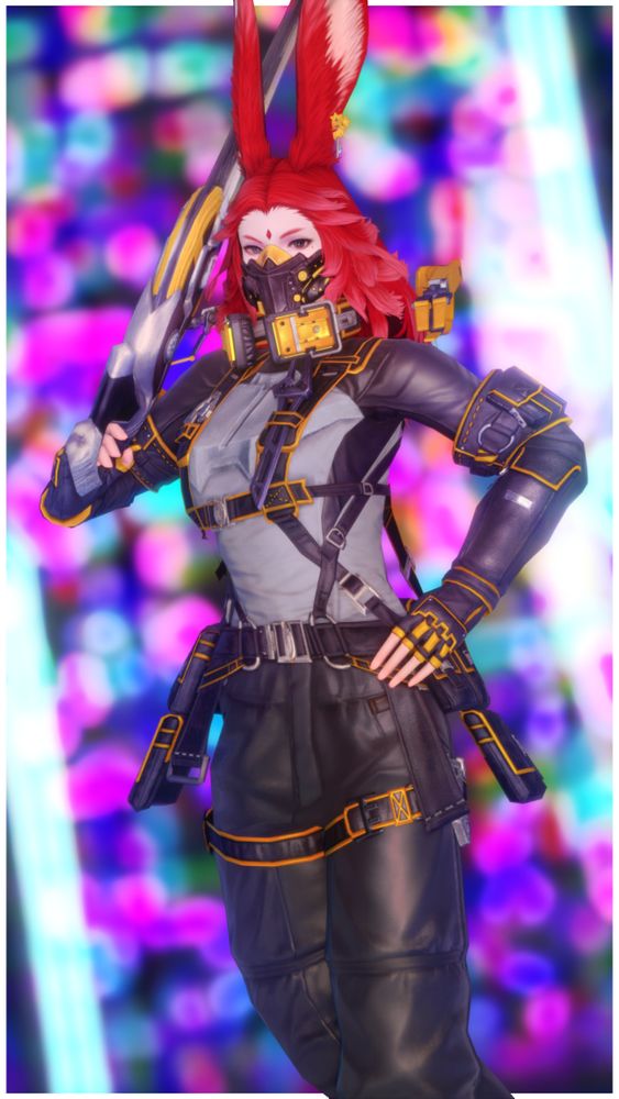 A red-haired Viera wearing the Everseeker's crafting gear and a tactical mask. She is holding an Everseeker's saw over her shoulder.