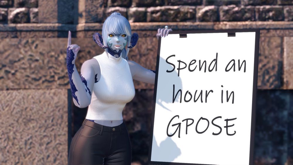A blue Au Ra standing by an easel that reads "Spend an hour in GPOSE."