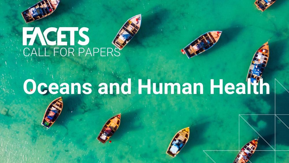 A social card promoting FACETS Call for Papers on Oceans and Human Health overlaid on image of boats on green water.