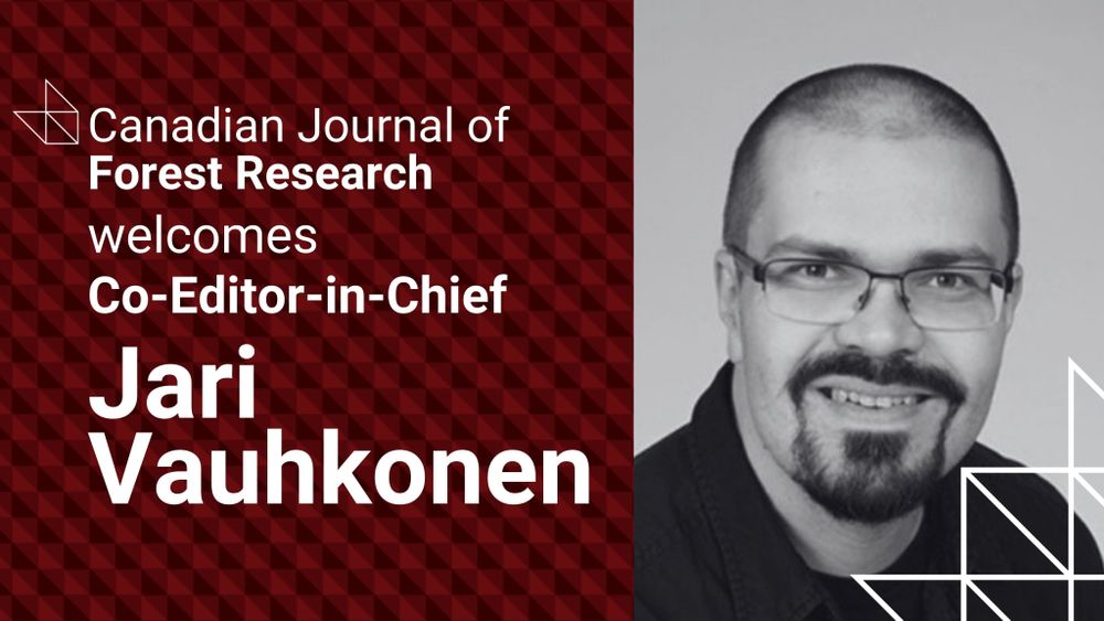 Social card. Red patterned background with black and white headshot of Jari Vauhkonen on the right. The Canadian Journal of Forest Research logo sits in the top left. The copy below reads 'welcomes Co-Editor-in-Chief Jari Vauhkonen'. The CSP blaze emblem sits in the bottom right corner of the graphic. 