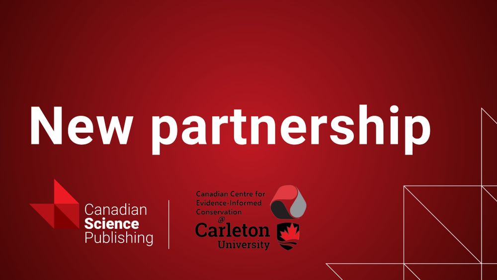 Social card. Red gradient background with title: 'New partnership'. Canadian Science Publishing logo sits in the bottom left corner with the CCEIC logo. The blaze emblem sits in the bottom right. 