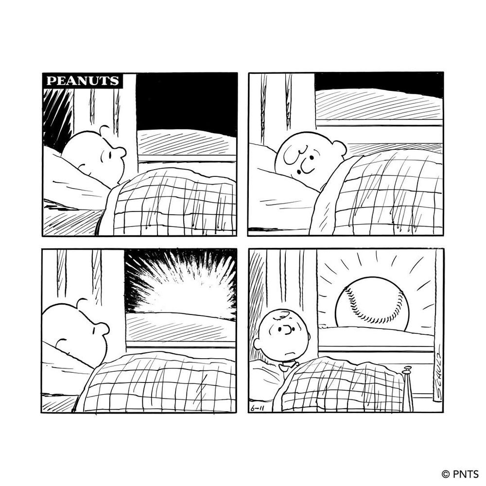 Peanuts 4 panel comic strip, depicting Charlie Brown going to bed and sleeping, and then waking to the sunrise, but the sun is replaced by a baseball 