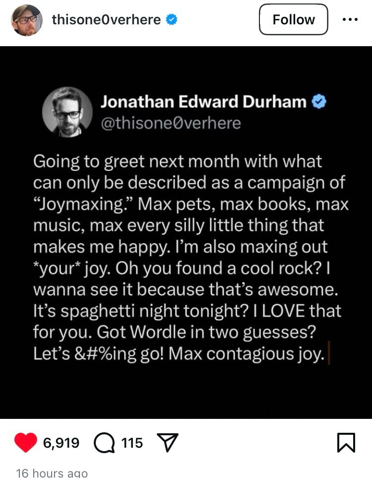 Screenshot shot of Jonathan’s instagram post saying his focus this next month is “Joymaxing”