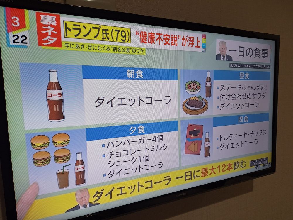 A TV screen showing coke, hamburgers, steak, and chips. The text is Japanese.