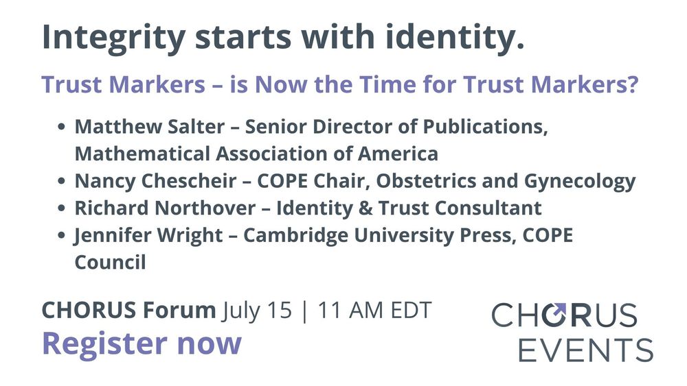 Invitation to register for the CHORUS Forum on July 15, with a list of speaker names and associations 