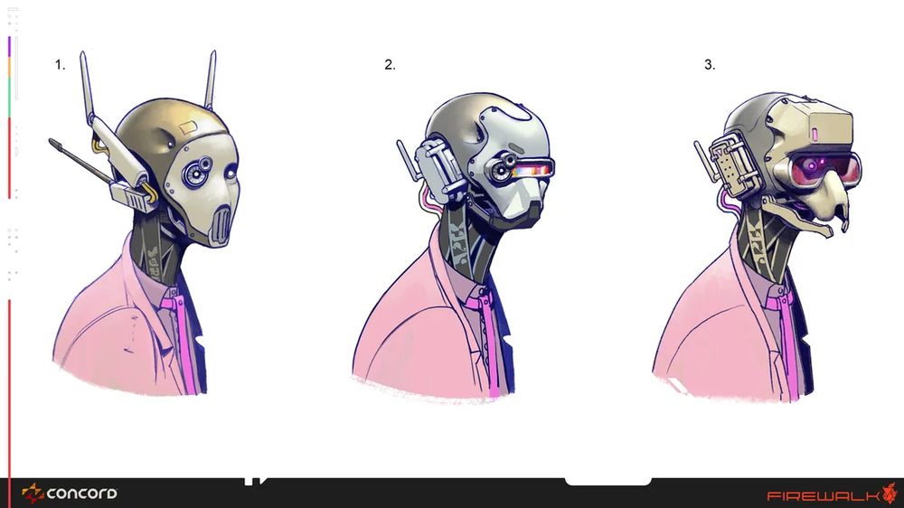 three profiles of different robotic faces wearing a pink suit 