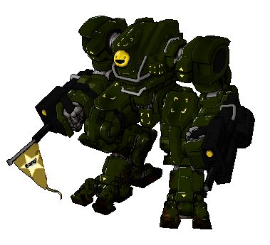 a bulky mech with a smiley face on the cockpit. its gun shoots a flag that says BANG