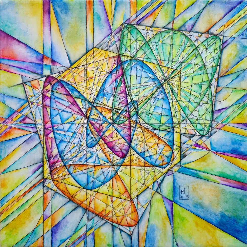 Photo of a geometric watercolor pencils drawing on stretched canvas: Three overlapping Lissajous figures defined by combinations of sin(t), sin(2t), sin(3t), and a third "3D" view as an orthographic projection. The lines are used as a tesselation of the drawing surface and colored in the style of stained glass. The painting has been completed as has been varnished. By elkement 2025.
