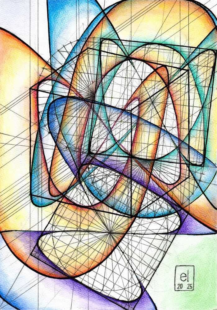 Traditional drawing of Lissajous figures in 3 dimensions: Axonometric projection, created with 2D projections. Graphite pencil construction, enhanced with watercolor pencils and black fine liners. By elkement 2025.
