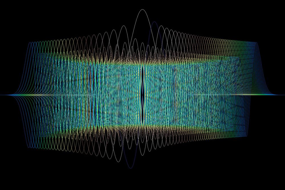 Quantum mechanical wave functions in gradually varying colors: Each curve is a solution of the Schrödinger equation for the quantum harmonic oscillator. The densely packed region of overlapping curves looks like a glowing braid. Created by elkement with WebGL.