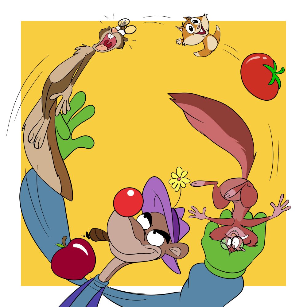 A toon weasel is juggling with 2 squirrels and a chipmunk as well as an apple and a tomato.
