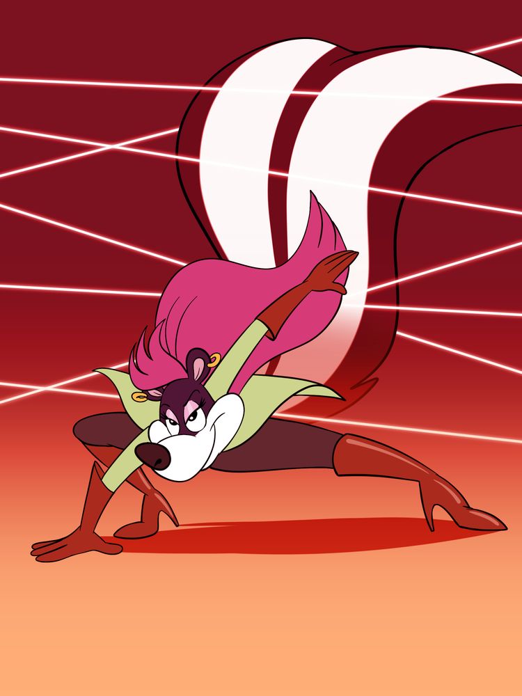 A blue skunk with pink hair wearing spy gear is narrowly avoiding security laser beams 