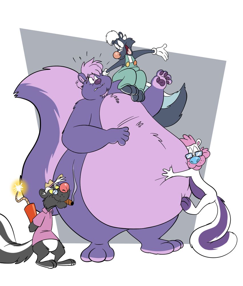 A huge purple toon skunk with a slightly alarmed look on his face is being greeting by 3 smaller toon skunks. One is hugging his big round belly, another is hiding a stick of dynamite behind his back with a sly grin on his face and the third is sitting on the big skunk's shoulder. He appears to be welcoming the newcomer.