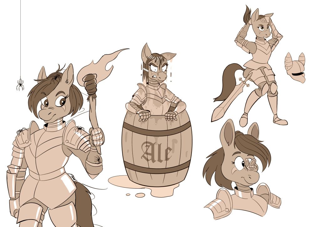 A page of sketches of a horse wearing a suit of armour