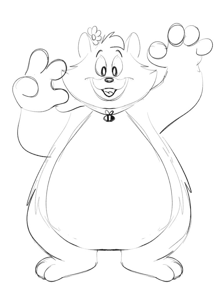 A tubby house cat wearing a collar with a bee shaped tag and a flower tucked behind her ear is raising her arms anticipating a hug