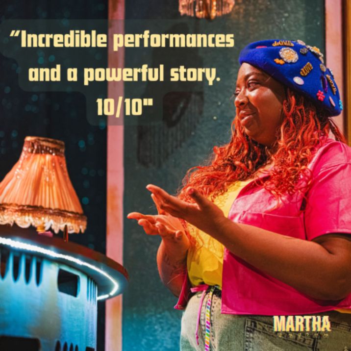 . An audience quote "Incredible performances and a powerful story 10/10" over a photo of Cherie wearing a blue beret, and a hot pink blouse over a yellow vest, a vintage lamp glows to the left
