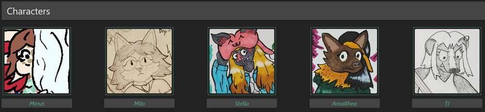 Artfight characters tab. From left to right: Menzi (axolotl), Milo (house cat), Stella (Vampire Bat), Amalthea (Fruit Bat), T J (Skunk)