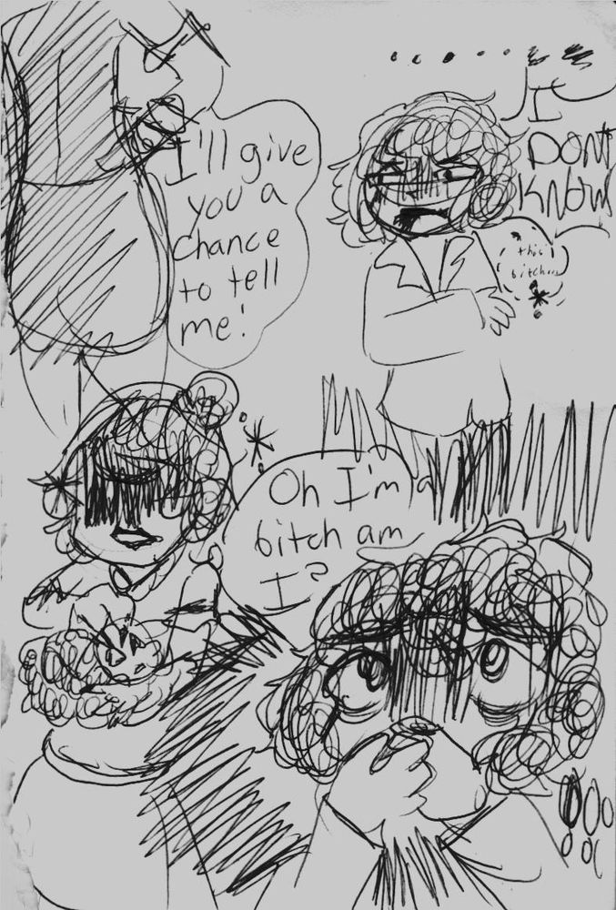 [Francois's mother is seen from behind with a hand on her hip]

Mother: "I'll give you a chance to tell me!"

[Francois is squinting and speechless, his mouth agape as he yells]

Francois: "I DONT KNOW!"

[In a dotted line speech bubble indicating a whisper]

Francois: "this bitch..."

[Francois' mother has her hands grabbing the sheeps head and body tightly. We only see her her lips on her face, with a sneering lipstick mouth]

Mother: "Oh I'm a bitch am I?"

[Francois is covering his mouth with both hands, looking up as a wave of doom washes over him]