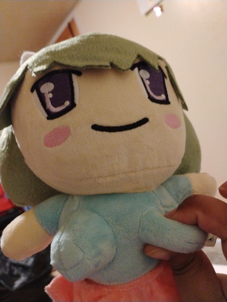 The Raku-chan plushie with one of its boobs being squished between two fingers