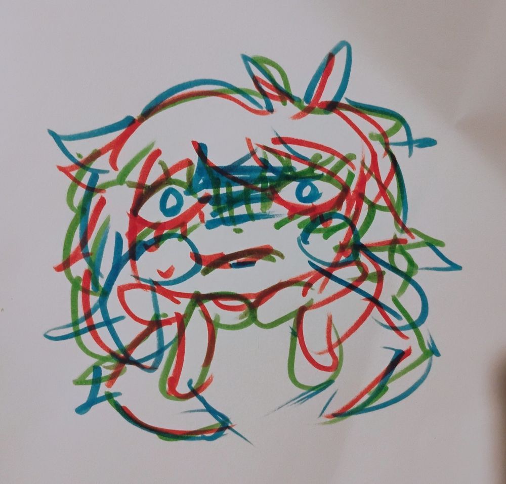 A red, green and blue overlaid drawing of a person crying, staring and glowering