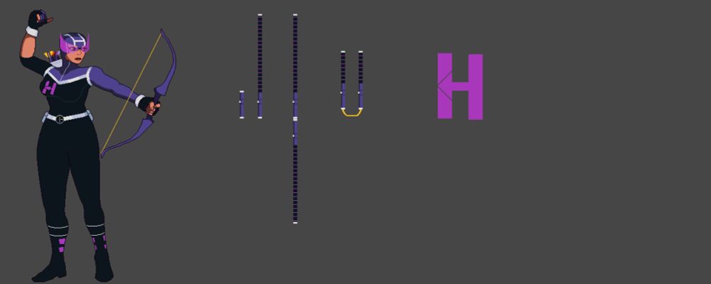 Kate Bishop - Hawkeye, Reaching for an arrow from her quiver as she raises her bow. To the right of her are several examples of her equipment and an example of her log.