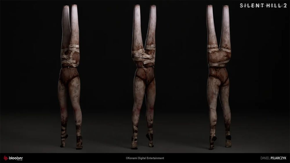three different angles of the silent hill 2 remake legs mannequin monster