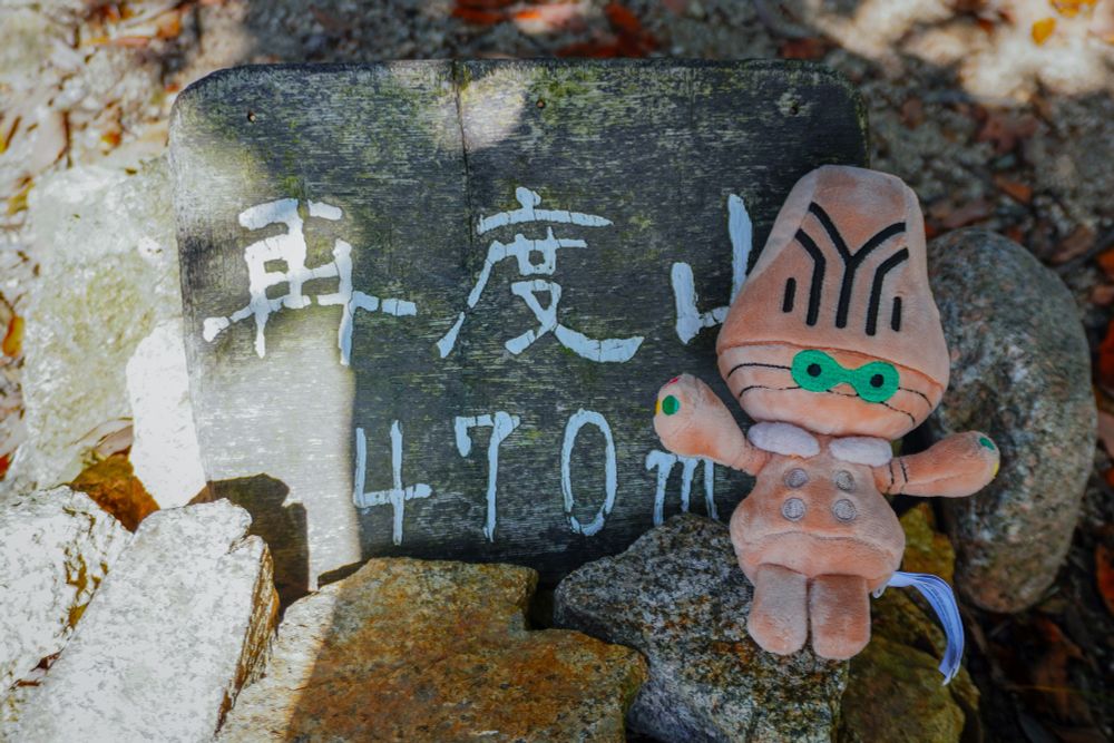 再度山山頂の看板とオーベムぬい。途中まで大勢いたはずの人が誰もいなくなってちょっと不安になりました…。（おそらく整備された公園に続く道へ行ったと思われる）