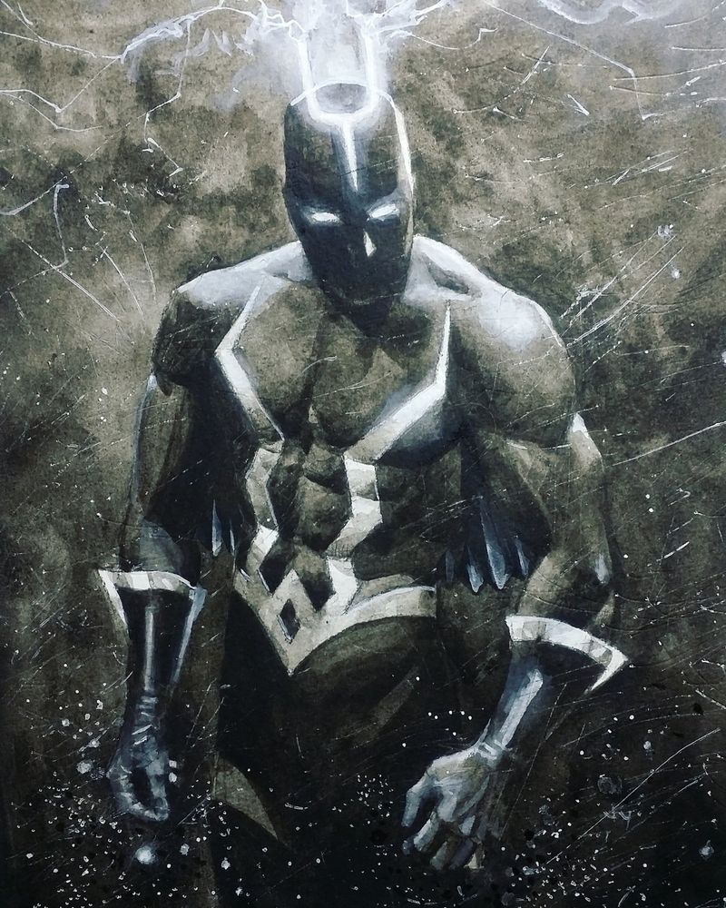 A mostly monochrome image of Black Bolt, the King of the Inhumans, whose real name ridiculously is Blackagar Boltagon. 