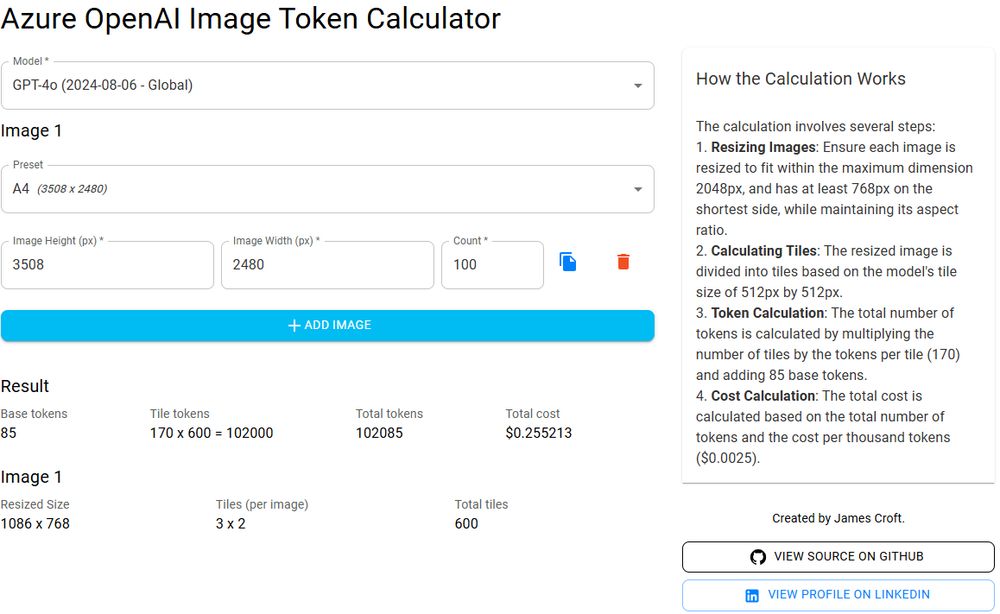 A screenshot of the Azure OpenAI Image Token Calculator, designed to calculate token usage and costs for image processing in Azure OpenAI services. It highlights the preselection of an A4 preset at 3508x2480 pixels highlighting the cost.