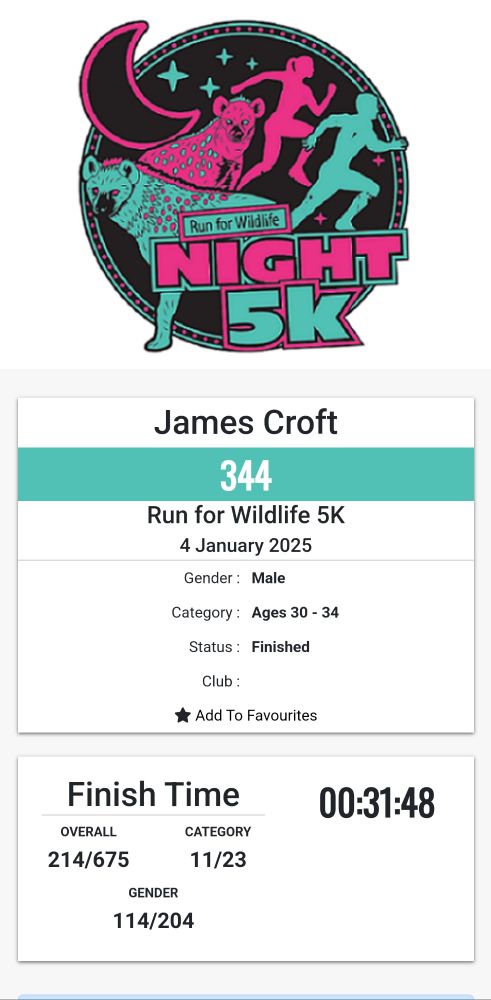 The image displays the results for James Croft, who participated in the "Run for Wildlife Night 5K" on January 4, 2025. The event's logo is prominently featured at the top, showing a crescent moon, stars, and silhouettes of animals and runners. Below, the details for James Croft are as follows:

Bib Number: 344

Gender: Male

Age Category: Ages 30-34

Status: Finished

Finish time: 00:31:48

Overall Ranking: 214 out of 675

Age Category Ranking: 11 out of 23

Gender Ranking: 114 out of 204
