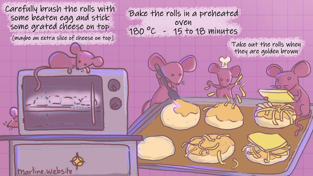 The final steps of the illustrated recipe is pictured here. A bunch of rats are brushing the rolls with egg, throwing cheese on there and covering it with a final slice of cheese. Two rats are sitting around an oven, waiting for the rolls to be done. The instructions say: Carefully brush the rolls with some beaten egg and stick some grated cheese on top. (maybe an extra slice of cheese on top) Bake the rolls in a preheated oven. 180 degrees Celsius. 15 to 18 minutes. Take out the rolls when they are golden brown.