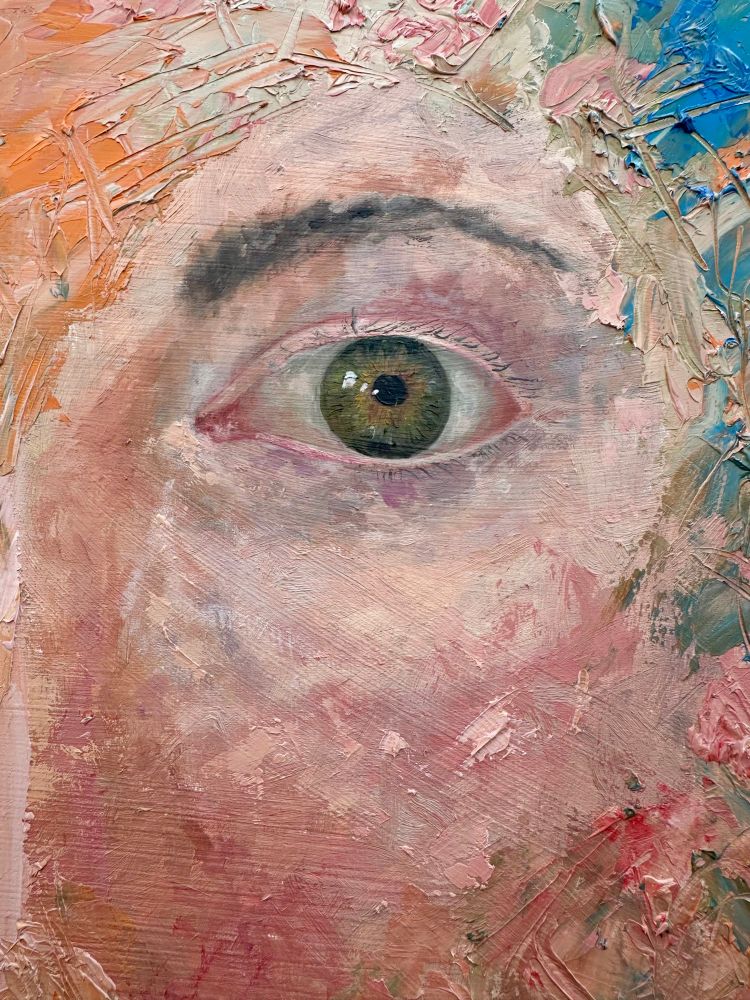 Close up of eye oil painting set in a jungle of bright colors