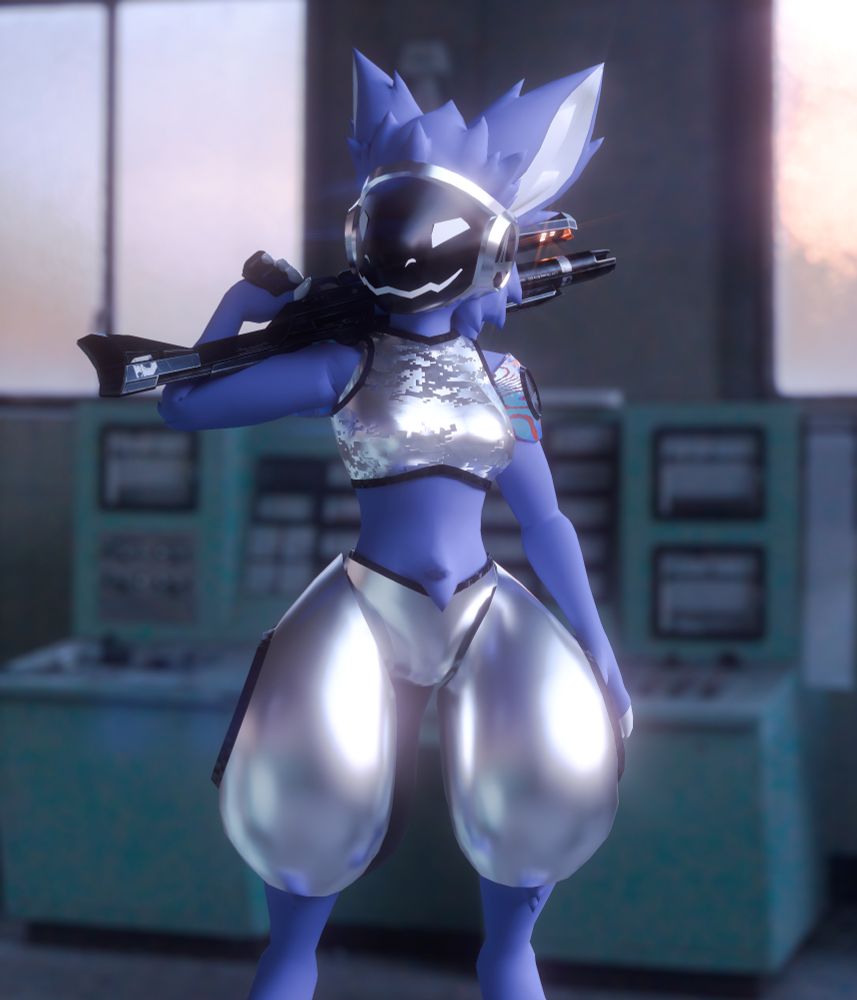 AKIS the Protogen posing for a Magazine cover, carrying an AR2 rifle over their right shoulder.

There is an old computer console in the background.