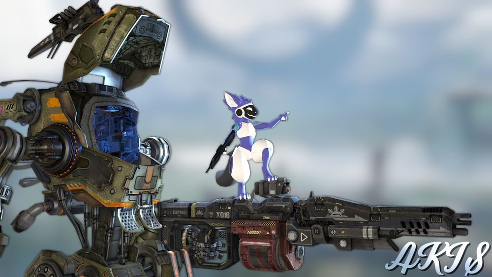Old image of AKIS the Protogen standing on an XO-16 chaingun.
The Stryder titan's hatch is open.
AKIS is holding a rifle in their right hand and pointing towards something in the distance.