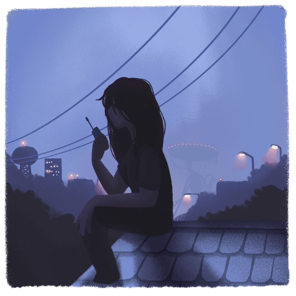 A kid sits on the roof of a house looking out over the city and holding a radio. In the fog far away looms what looks like a spinning swing ride from a carnival with a mechanical body, walking towards them.