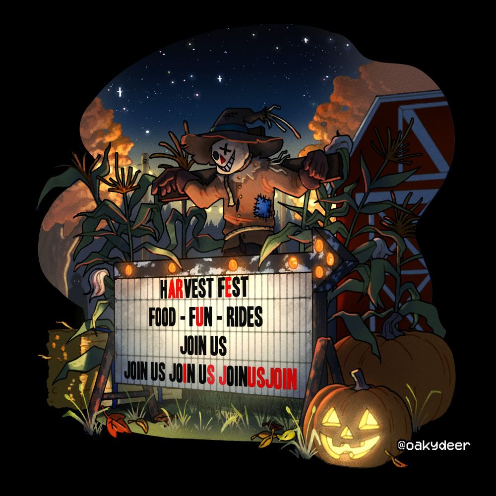 A glowing marquee sign outside of a barn that reads 
Harvest Fest
Food - Fun - Rides
Join Us
Join Us Join Us Joinusjoin