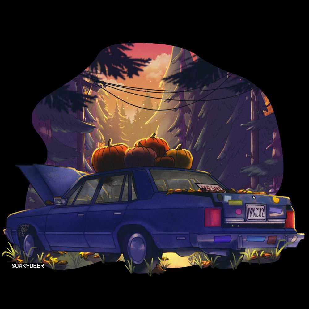 An abandoned car left on the edge of a forest, covered in fallen leaves and pumpkins. Nothing else is wrong with it.