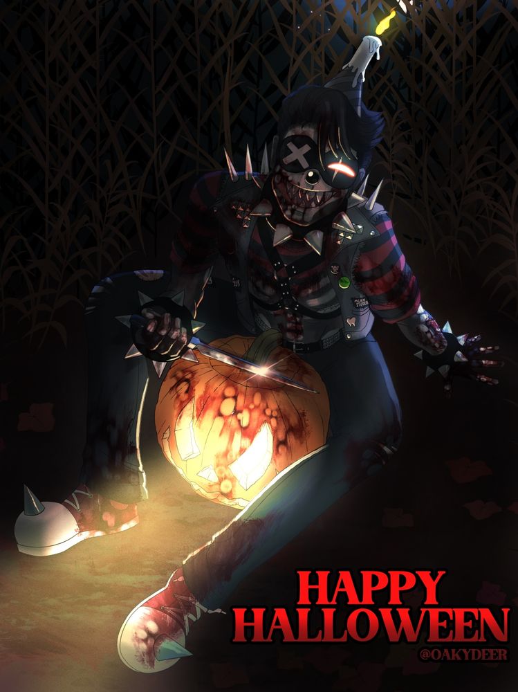 Oakydeer sitting on the ground of a cornfield at night, grinning up at the viewer. There’s a knife in his hand and a lit Jack-o-lantern in his lap. There’s a suspicious amount of blood everywhere.
