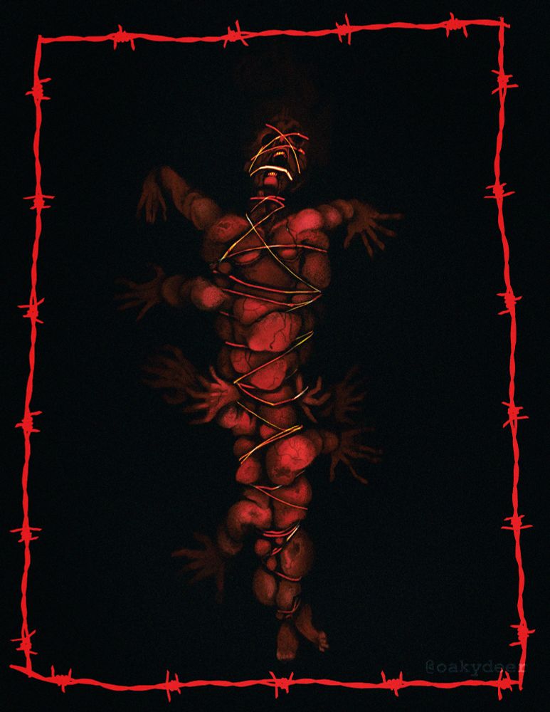 Painting of a screaming figure bound tight in wire. Their arms are tied to their sides tightly, flesh bulging from between the thin cords.