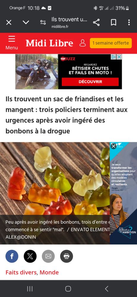 Capture d’ecran d’un article de midi libre: 3 policiers terminent aux urgences après avoir mangé des bonbons contenant de la drogue.