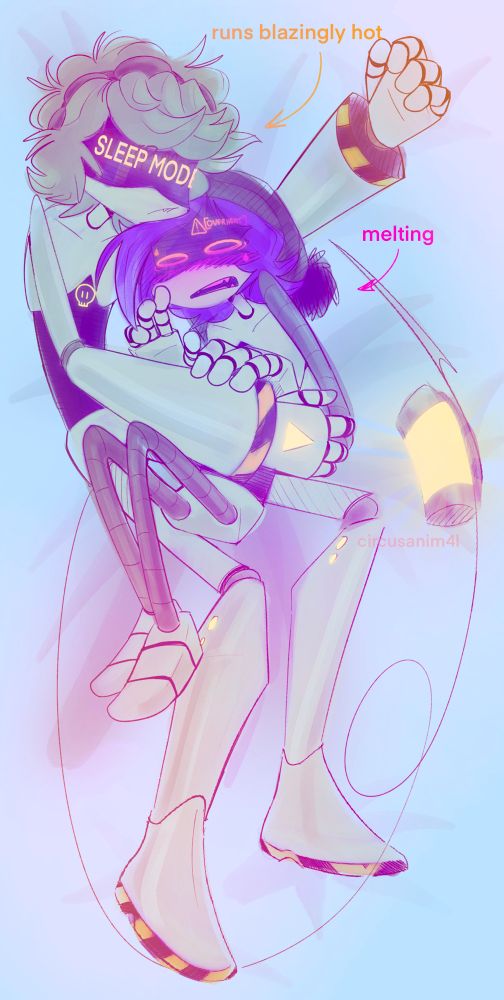 N and Uzi are cuddling together. N is asleep in “sleep mode” and Uzi is awake and overheating due to N running hot. This was drone anatomy practice