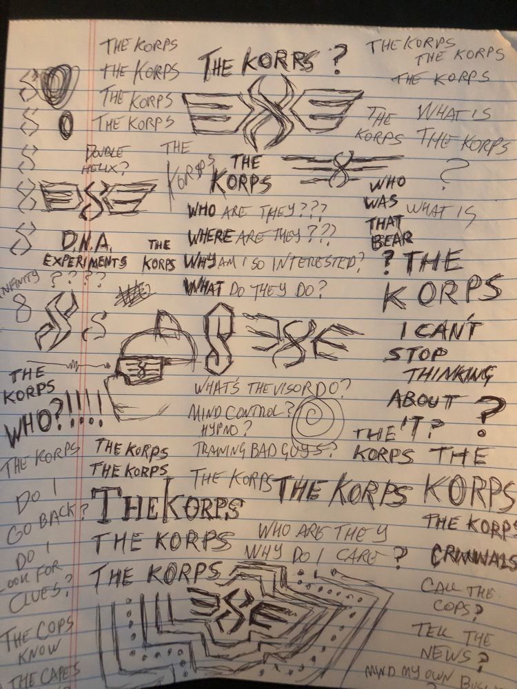 A sheet of notebook paper filled with text doodles suggesting an obsession with an organization called The Korps