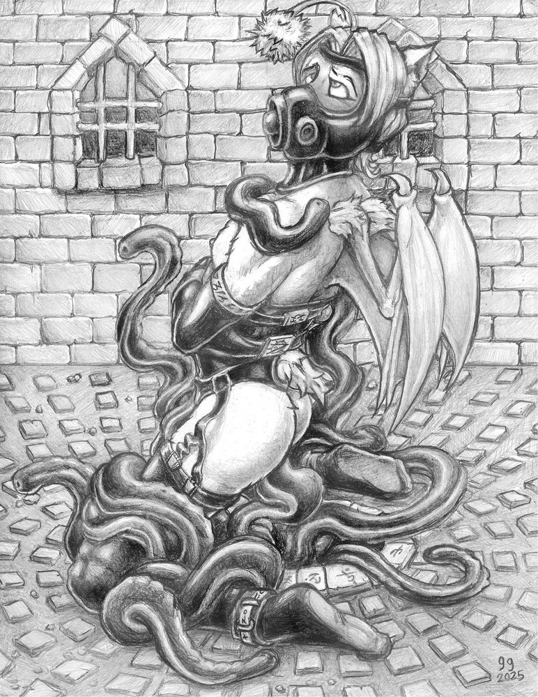 A pencil drawing of a male moogle furry in a dungeon, bound in latex and kneeling over a hole surrounded by runes, as tentacles rise and slide onto his body, about to give him an erotic experience. His eyes roll back as he begins to feel intense pleasure.