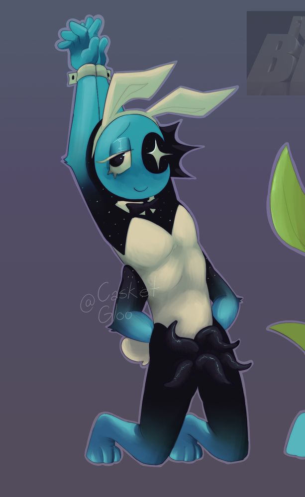 closeup of Astro in a white bunny suit with his hands pinned behind him