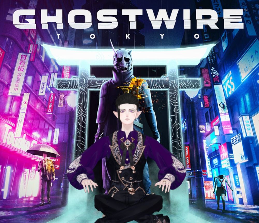 Cover art of the videogame Ghostwire: Tokyo. In it there's 2 enemies in the background. One is carrying an umbrella, has no face and is wearing a suit, the other one looks like a girl in school outfit, with no head.
In the front of the picture the main antagonist Hannya, wearing techwear clothing and a traditional Japanese oni mask. In front of him, sitting down is Nitsu, the streamer advertising this stream.