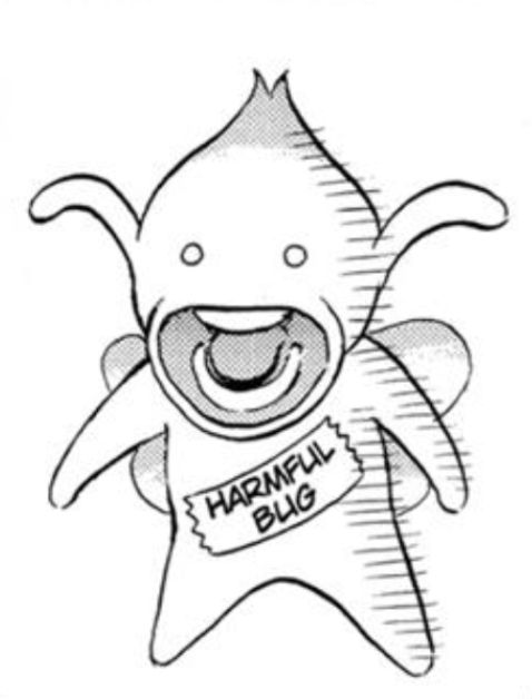 A close of of Puck, from the manga Berserk. A small fairy with a turnip-shaped head, with a label on his torso that says "Harmful Bug".