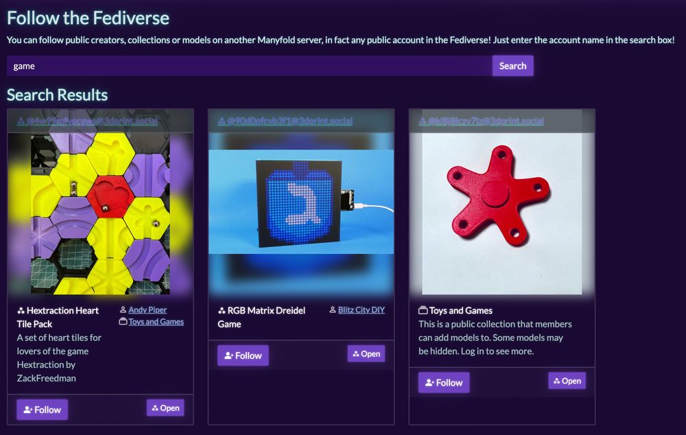 A web page shows a set of search results for the word "game". The results are from a different server than the one the search is being executed on.