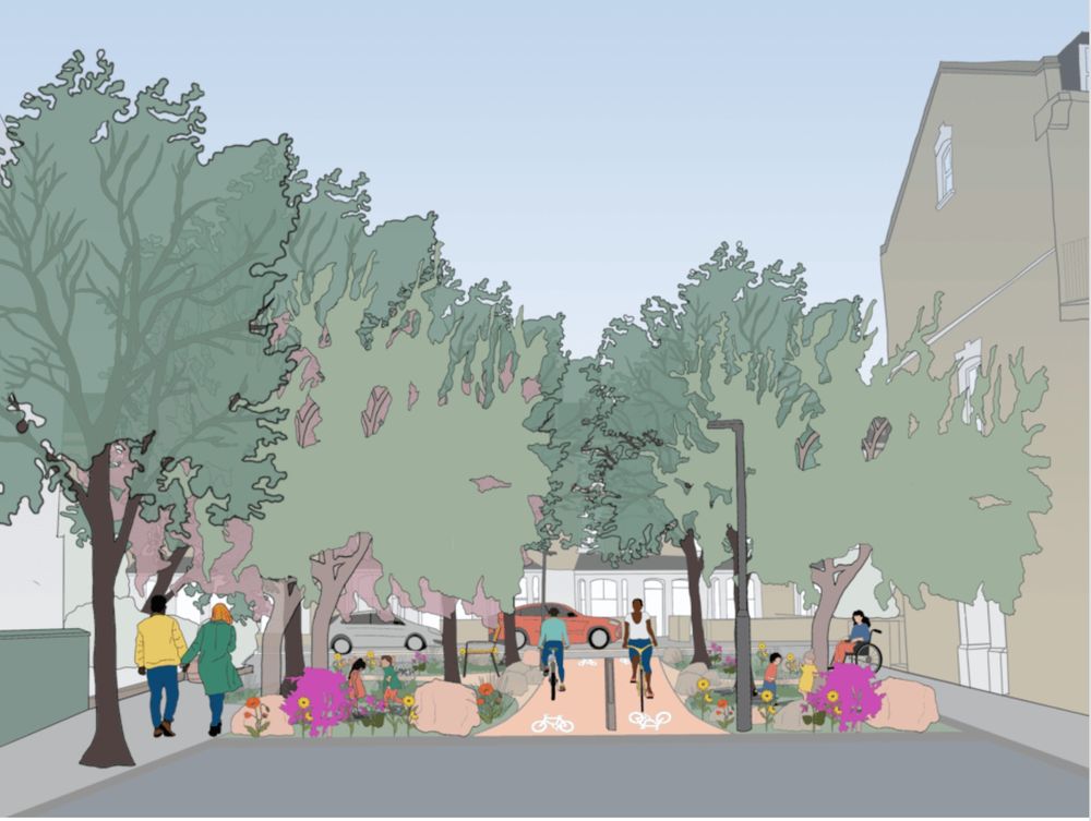 A visual representation of proposed improvements to the area, with seating, planting, and child-friendly spaces
