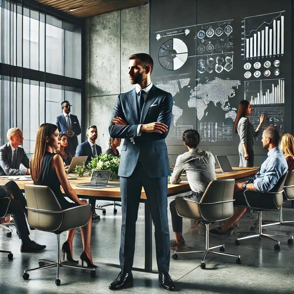 Chat GPT's depiction of me "a leader fostering a balance of strategy, collaboration, and professional harmony in a modern, organized setting." It has a man in a suit in the middle of a boardroom