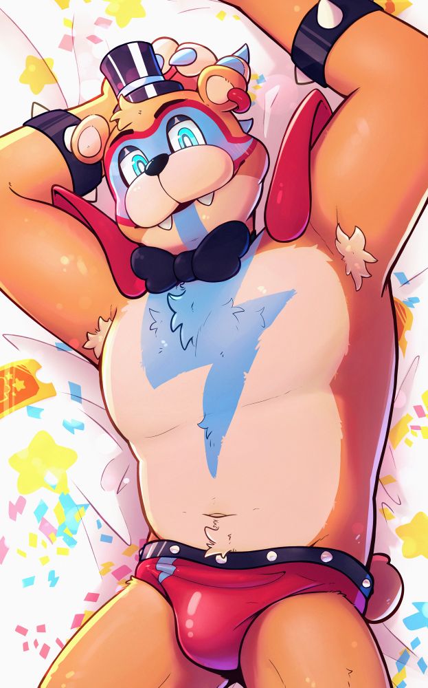 An anthropomorphic Glamrock Freddy laying down on bedsheets seductively, surrounded by stars, confetti, and party pass tickets.